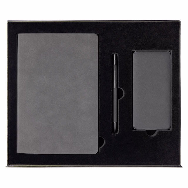 Набор подарочный Solution Prestige Yota Trio (Ежедневник Flexy Nuba А5, Внешний аккумулятор (powerbank) «WeCharge Velvet», Ручка Gray stone Requis металлическая,) в подарочный коробке, серый