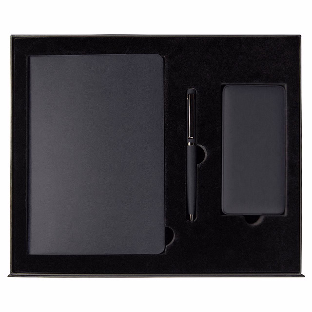 Набор подарочный Solution Prestige Yota Trio (Ежедневник Flexy Latte Soft Touch Black Edition Color А5, Внешний аккумулятор (powerbank) «WeCharge Soft Touch», Ручка Grand Attashe металлическая,) в подарочный коробке, черный