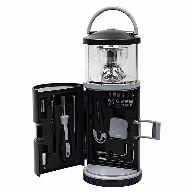 Набор инструментов Tools lantern cо встроенной лампой , 15 инструментов,  черный, в пластиковом футляре