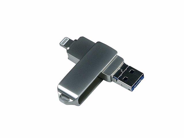 USB-флешка на 32 Гб, интерфейс USB3.0, поворотный механизм,c дополнительными разъемами для I-phone Lightning и Micro USB, полностью металлический корпус, серебро USB-флешка на 32 Гб, интерфейс USB3.0, поворотный механизм,c дополнительными разъемами для I-phone Lightning и Micro USB, полностью металлический корпус, серебро