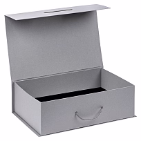 Подарочная коробка, размер 39*26,3*11 см, Solution Prestige Big Case Linen с магнитным клапаном и ручкой , с EVA ложементом 36,8*25,1*4 см под индивидуальную вырубку, серебристая