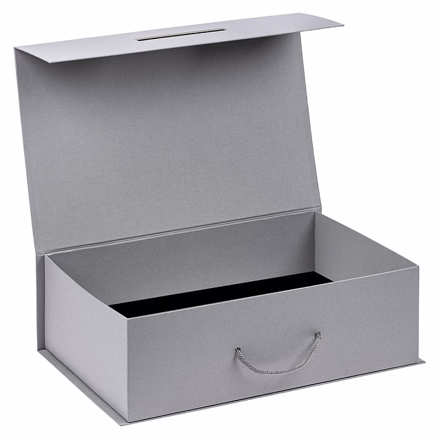 Подарочная коробка, размер 39*26,3*11 см, Solution Prestige Big Case Linen с магнитным клапаном и ручкой , с EVA ложементом 36,8*25,1*4 см под индивидуальную вырубку, серебристая
