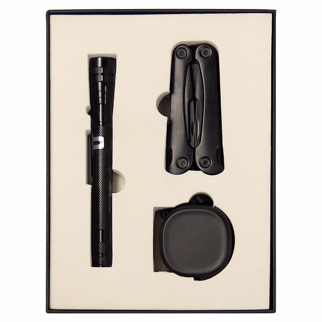 Набор подарочный Solution Superior Trio (Фонарь телескопический Tools Flashlight, рулетка Tools Trecker 3 метра, мультитул Tools Hardwork), черный