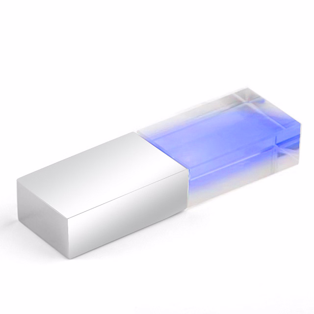 Флеш накопитель USB 2.0 Кристалл, металл/стекло, прозрачный/серебристый, подсветка синим, 16 GB