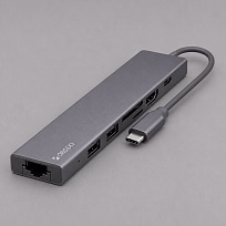USB Type-C хаб 7-в-1, HDMI, Power Delivery, 2xUSB 3.0, RJ45, microSD/SD, графит, Deppa