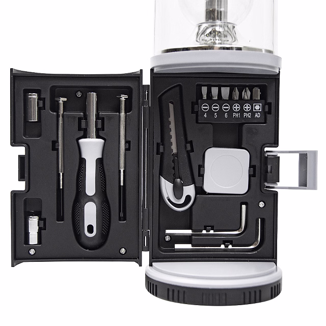 Набор инструментов Tools lantern cо встроенной лампой , 15 инструментов,  черный, в пластиковом футляре
