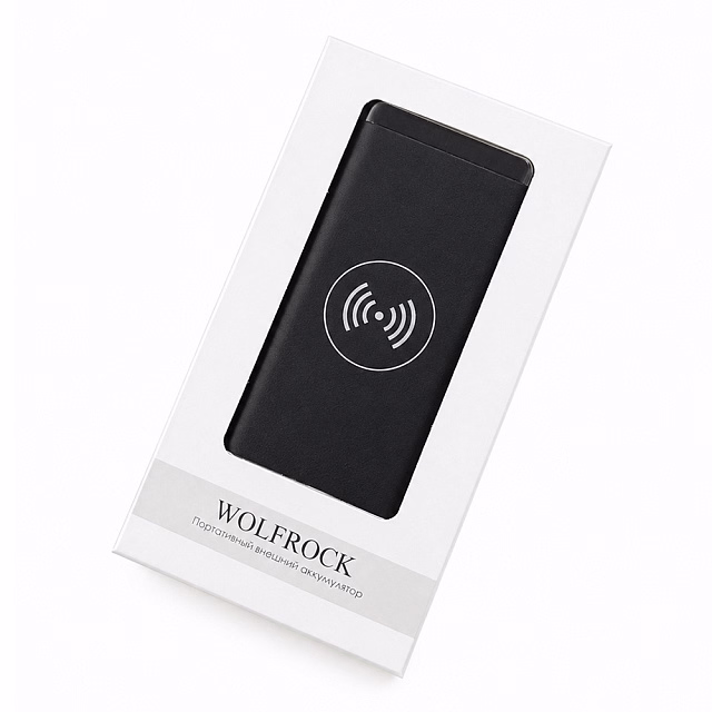 Внешний аккумулятор Wolfrock с беспроводной зарядкой soft-touch покрытием, 10000 mAh, черный