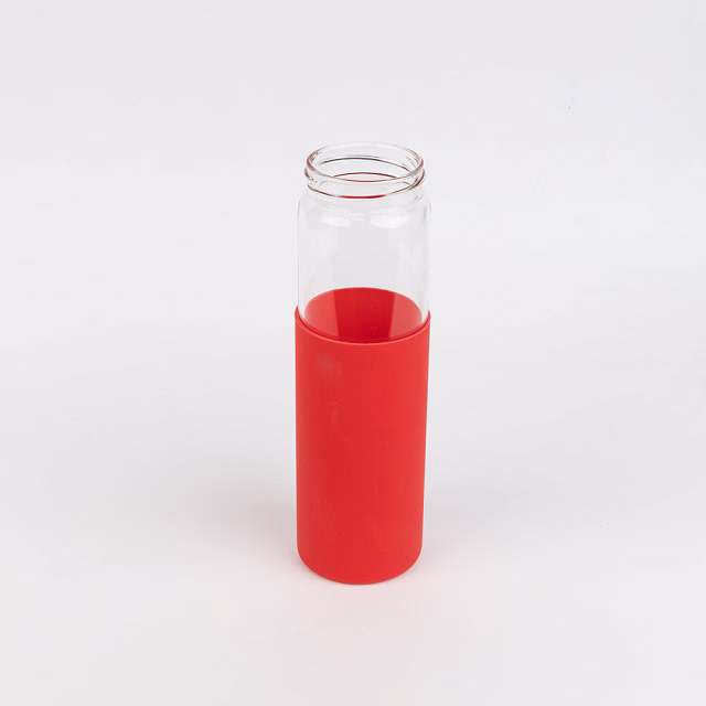 Бутылка стеклянная с силиконовой манжетой и бамбуковой крышкой  Glass, красная