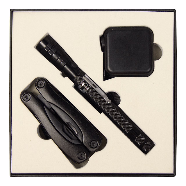 Набор подарочный Solution Superior Trio (Фонарь телескопический Tools Flashlight, рулетка Tools Master, 3 метра, Мультитул Tools Birmingham) черный