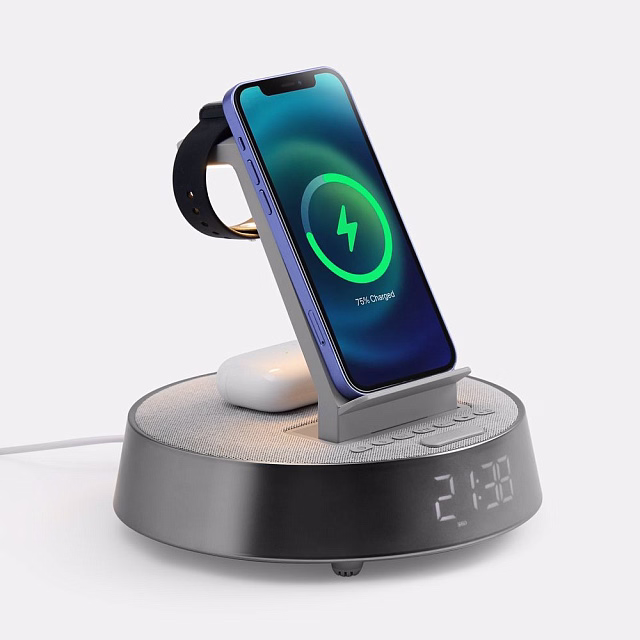 Bluetooth-колонка с беспроводной зарядкой и часами netEnergy, серая Bluetooth-колонка с беспроводной зарядкой и часами netEnergy, серая