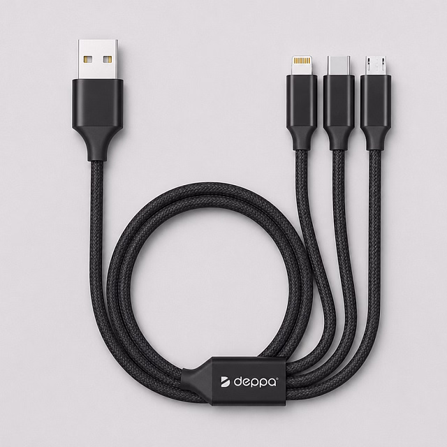 Дата-кабель 3 в 1: micro USB, USB-C, Ligthning, алюминий, 1.2м, черный, Deppa Дата-кабель 3 в 1: micro USB, USB-C, Ligthning, алюминий, 1.2м, черный, Deppa