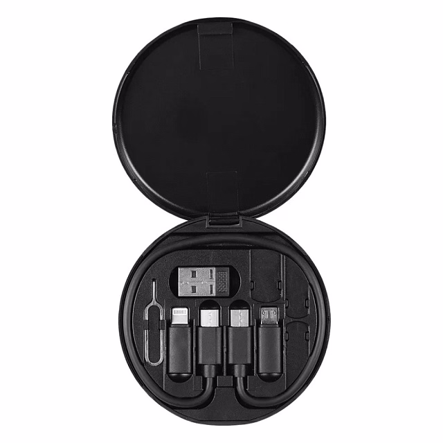 Кабель зарядный выдвижной USB Light Sound  60W 3-в-1 на Lightning, Micro-USB, Type-C «U50» 2,4 A, Quick Charge в пластиковом футляре, черный