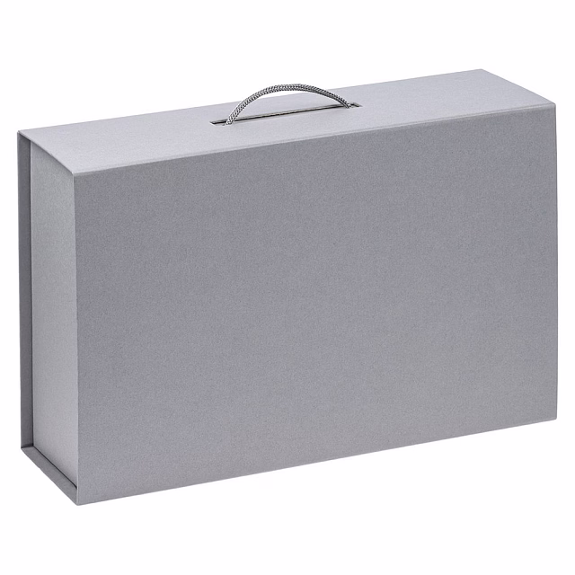 Подарочная коробка, размер 39*26,3*11 см, Solution Prestige Big Case Linen с магнитным клапаном и ручкой , с EVA ложементом 36,8*25,1*4 см под индивидуальную вырубку, серебристая
