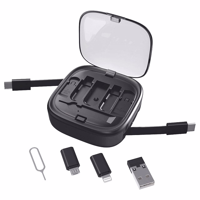 Кабель зарядный выдвижной USB Solid Link 5-в-1 на Lightning, Micro-USB, Type-C «U50» 2,4 A, C to C, Quick Charge с подставкой для телефона, квадратный, черный