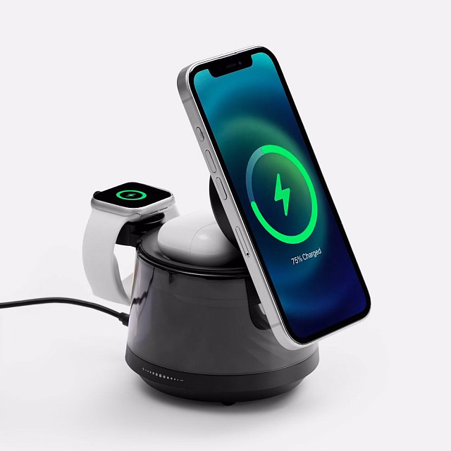 Bluetooth-колонка с подсветкой и беспроводной зарядкой Quantium, черная Bluetooth-колонка с подсветкой и беспроводной зарядкой Quantium, черная