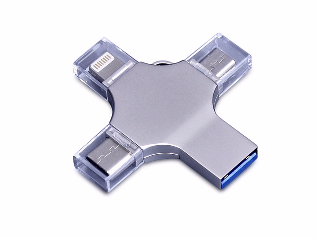 USB-флешка на 32 Гб 4 в 1 поворотный механизм, c дополнительными разъемами MicroUSB, TypeC и Lightning, серебристый