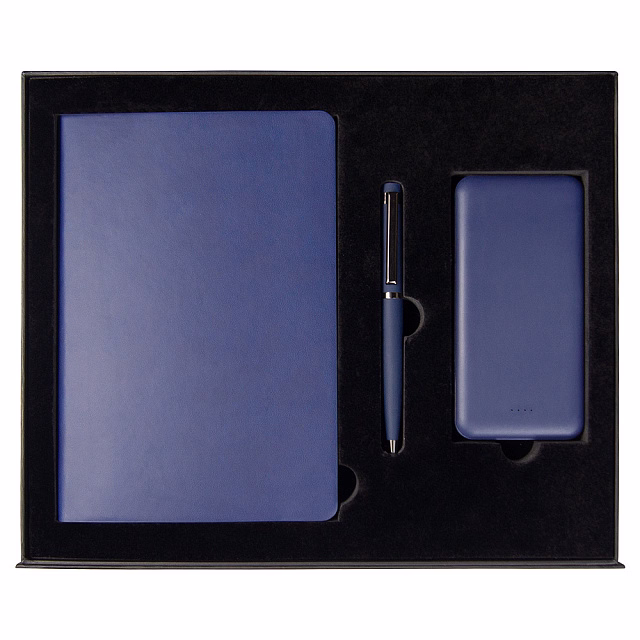 Набор подарочный Solution Prestige Trio (Ежедневник Flexy Latte Color А5, Внешний аккумулятор (powerbank) «Amper», Ручка Grand Attashe металлическая,) в подарочный коробке, темно-синий
