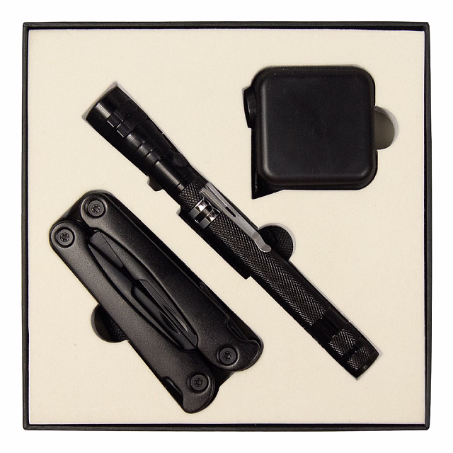 Набор подарочный Solution Superior Trio (Фонарь телескопический Tools Flashlight, рулетка Tools Master, 3 метра, Мультитул Tools Hardwork) черный