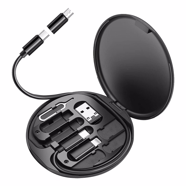 Кабель зарядный выдвижной USB Light Sound  60W 3-в-1 на Lightning, Micro-USB, Type-C «U50» 2,4 A, Quick Charge в пластиковом футляре, черный
