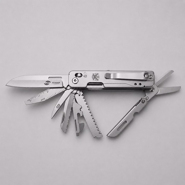 Мультитул Stinger, 92 х 30 мм, 15 функций, нержавеющая сталь, серебристый, в картонной коробке