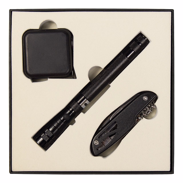 Набор подарочный Solution Superior Trio (Фонарь телескопический Tools Flashlight, рулетка Tools Master, 3 метра, нож складной многофункциональный Tools Driver, 7 в 1) черный